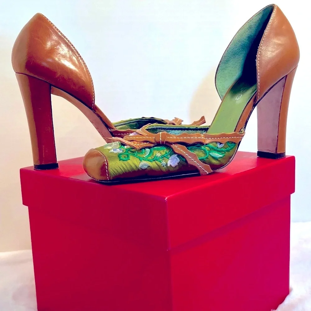 Lime Green Satin Brown Leather Hi Heels 5” Lilac Floral Embroidery Sq.Toe 7 1/2 - Picture 13 of 14